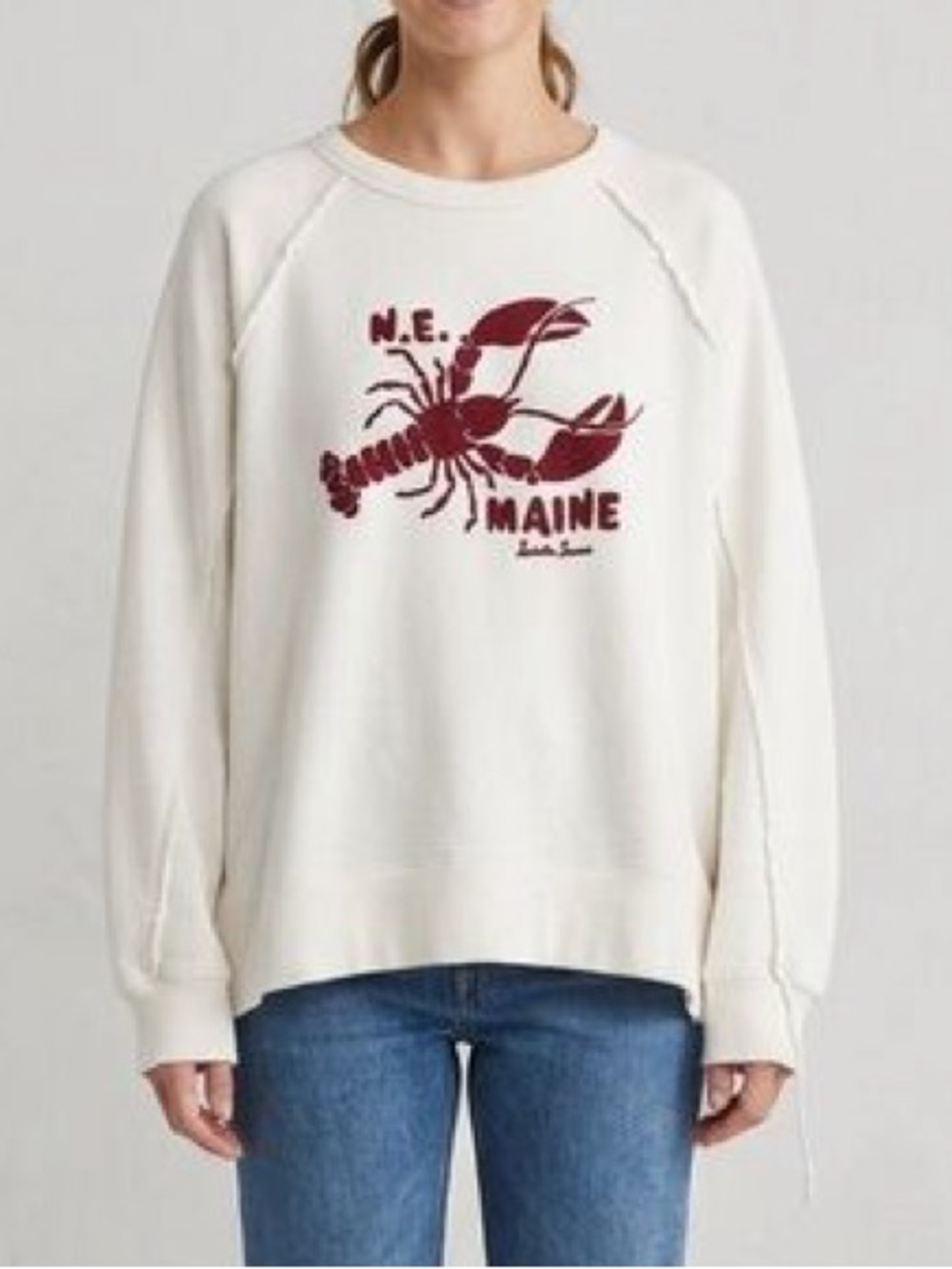 Aerie White Red Lobster N.E. Maine Graphic Oversized Sweatshirt Crew Embroidered